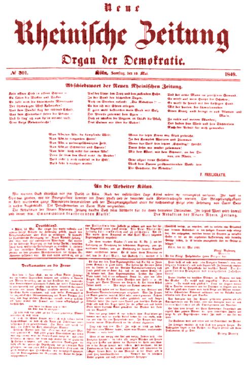 Front page of final issue of Neue Rheinische Zeitung with leading article on its suppression